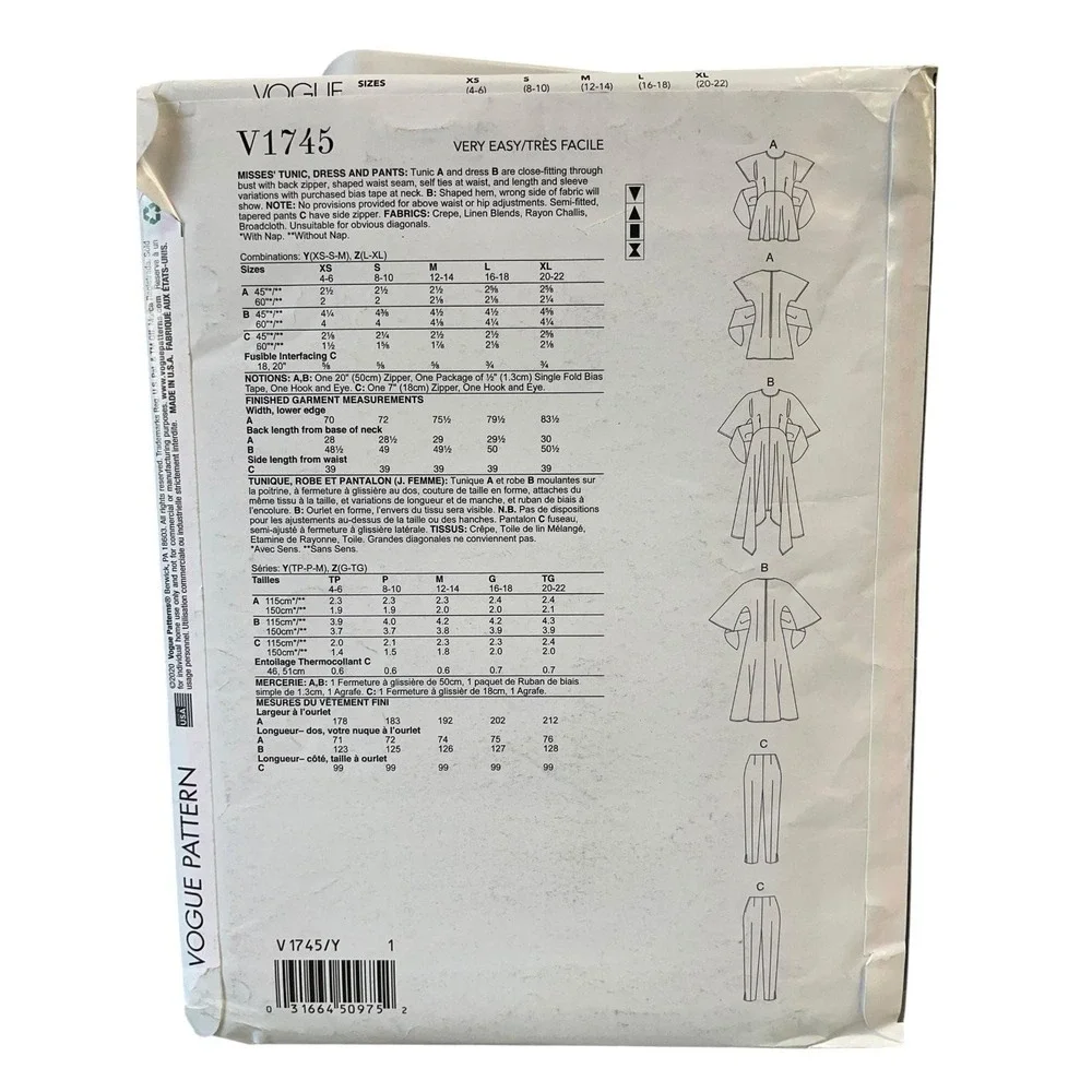 Vogue V1745 Tunic Dress Pants Sewing Pattern XS-M Very Easy